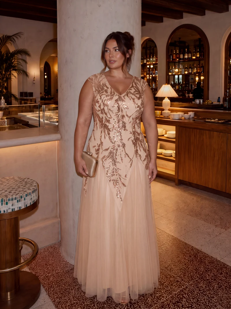 pretty FREYA|Robe Longue de Soirée Grande Taille Col V avec Broderies et Détails Brillants