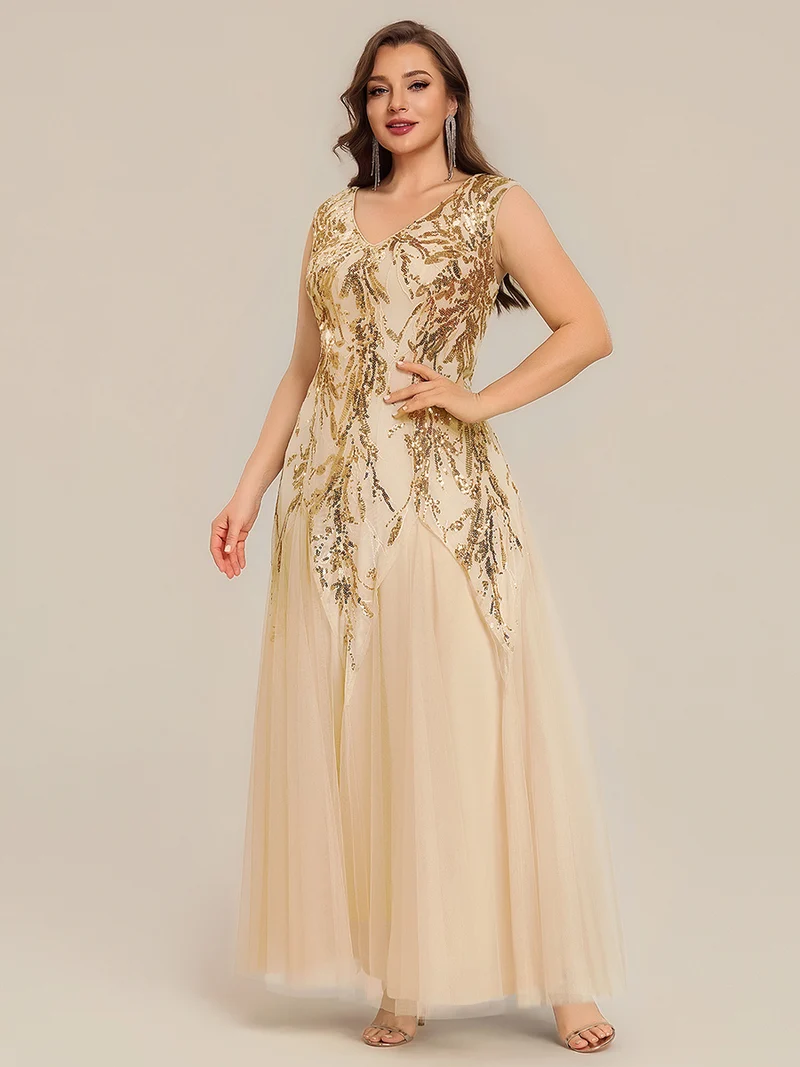 pretty FREYA|Robe Longue de Soirée Grande Taille Col V avec Broderies et Détails Brillants
