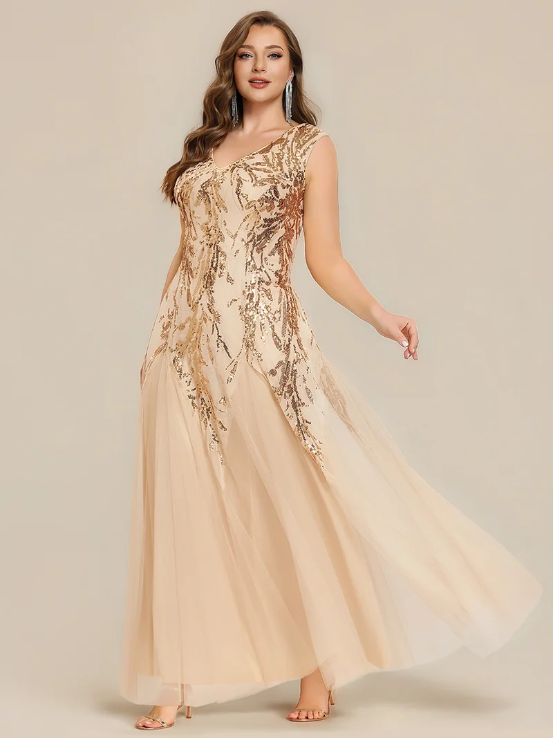 pretty FREYA|Robe Longue de Soirée Grande Taille Col V avec Broderies et Détails Brillants