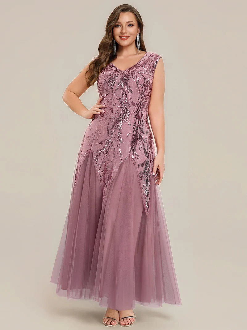 pretty FREYA|Robe Longue de Soirée Grande Taille Col V avec Broderies et Détails Brillants