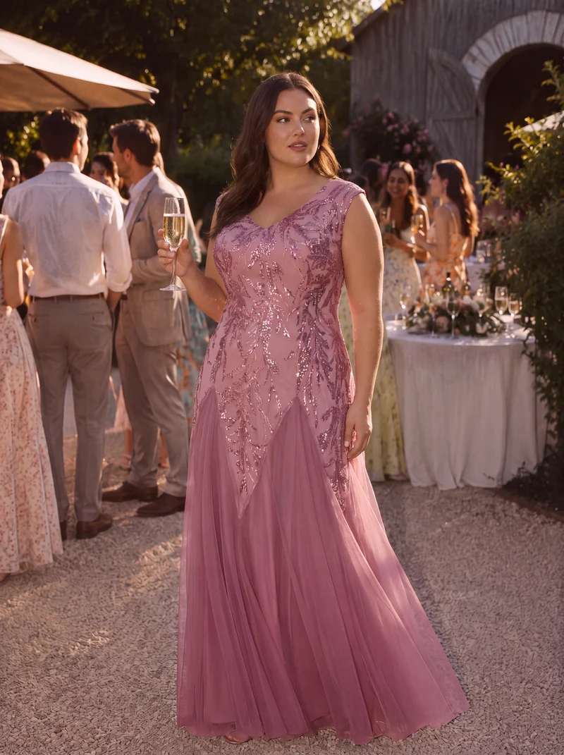 pretty FREYA|Robe Longue de Soirée Grande Taille Col V avec Broderies et Détails Brillants