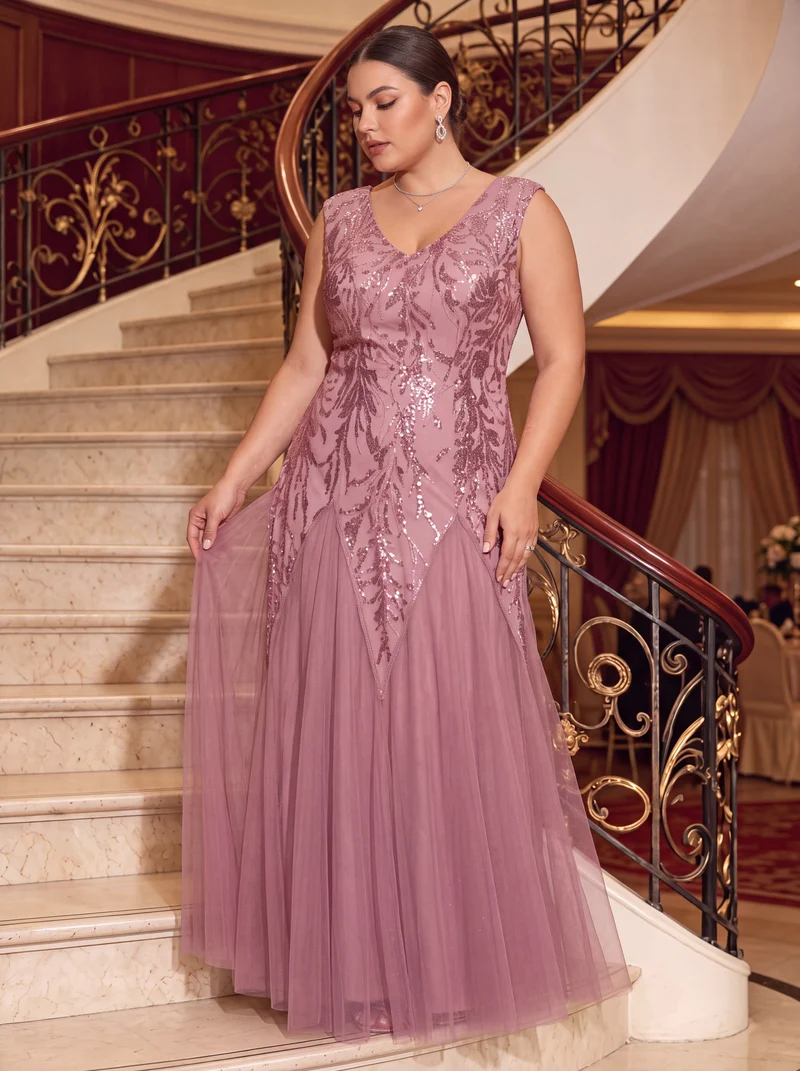 pretty FREYA|Robe Longue de Soirée Grande Taille Col V avec Broderies et Détails Brillants