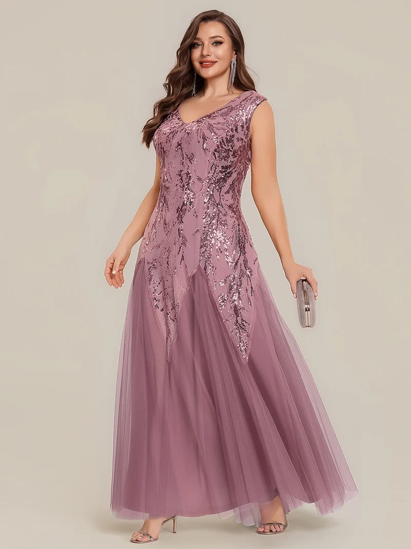 pretty FREYA|Robe Longue de Soirée Grande Taille Col V avec Broderies et Détails Brillants