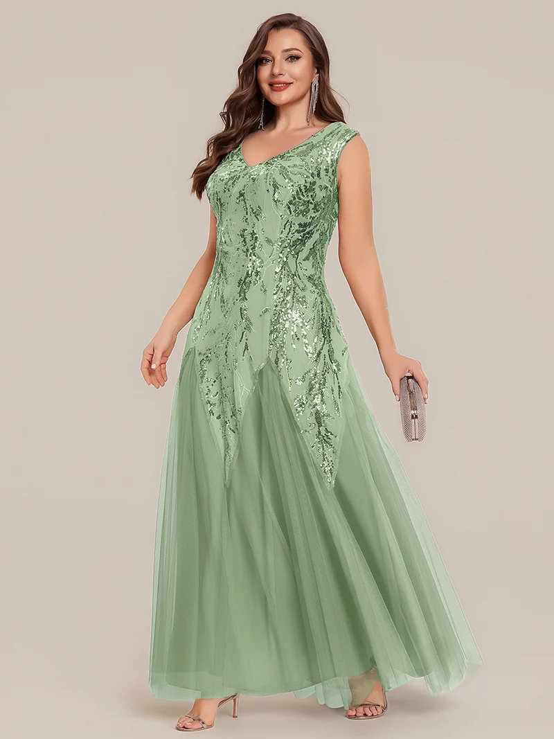 pretty FREYA|Robe Longue de Soirée Grande Taille Col V avec Broderies et Détails Brillants