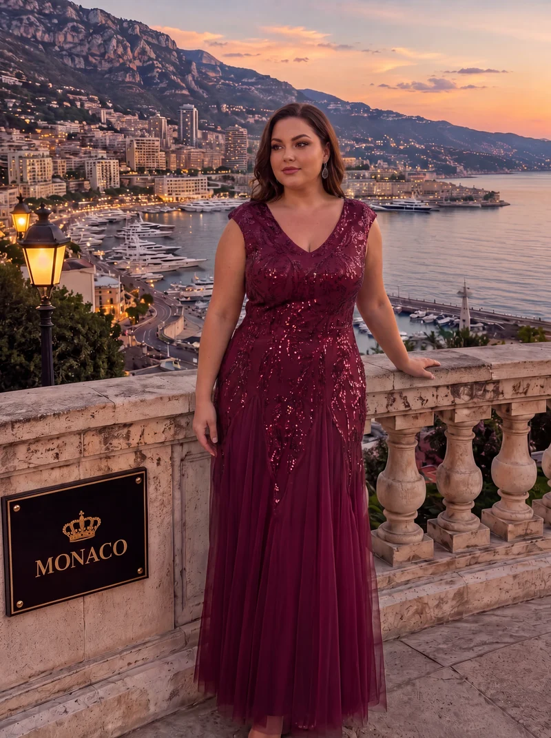 pretty FREYA|Robe Longue de Soirée Grande Taille Col V avec Broderies et Détails Brillants