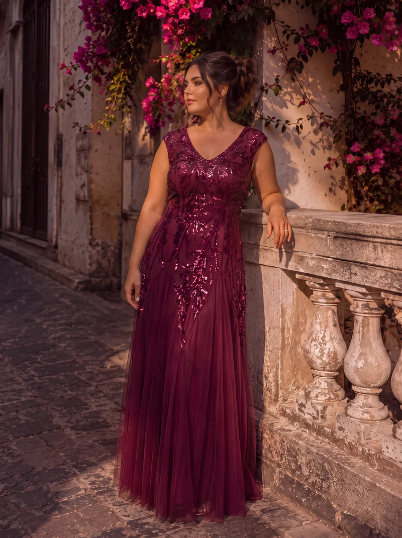 pretty FREYA|Robe Longue de Soirée Grande Taille Col V avec Broderies et Détails Brillants