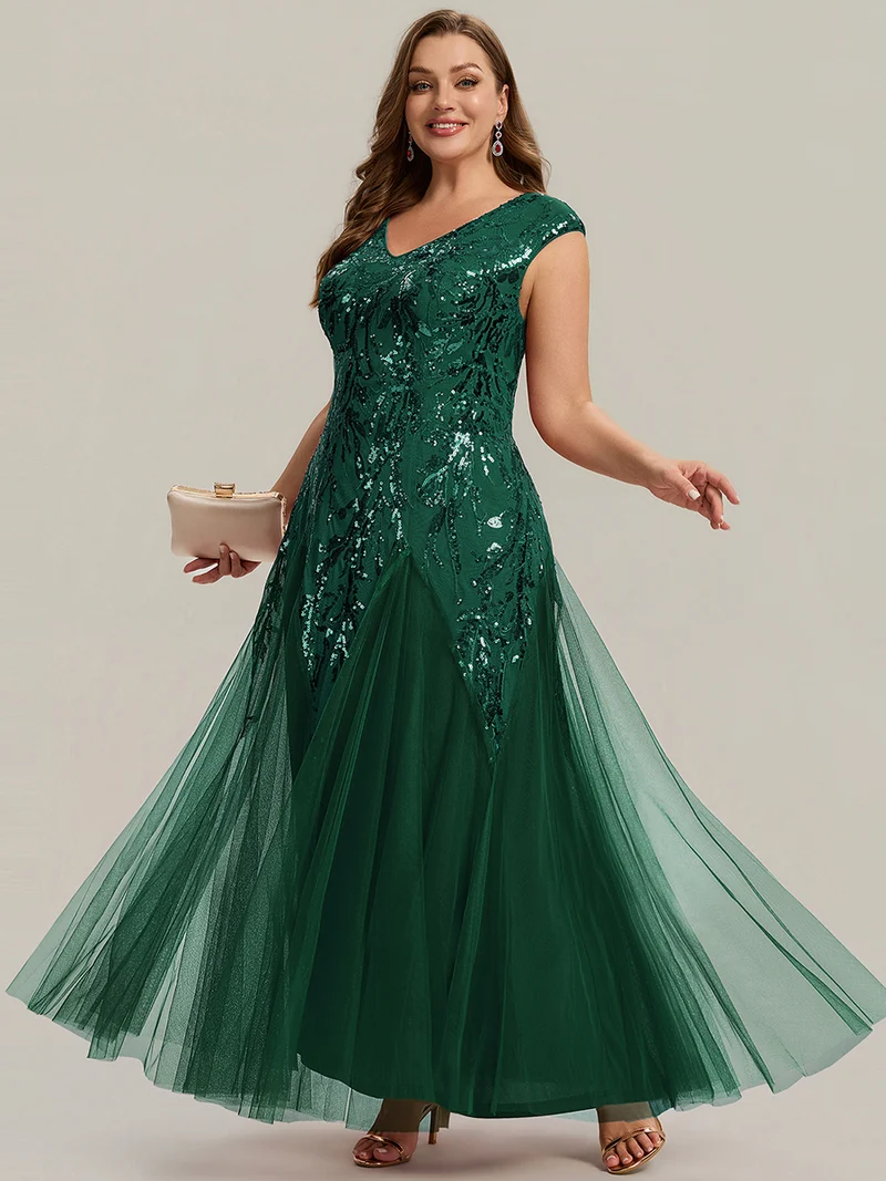pretty FREYA|Robe Longue de Soirée Grande Taille Col V avec Broderies et Détails Brillants