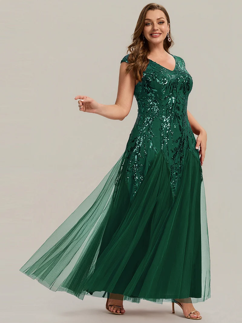pretty FREYA|Robe Longue de Soirée Grande Taille Col V avec Broderies et Détails Brillants