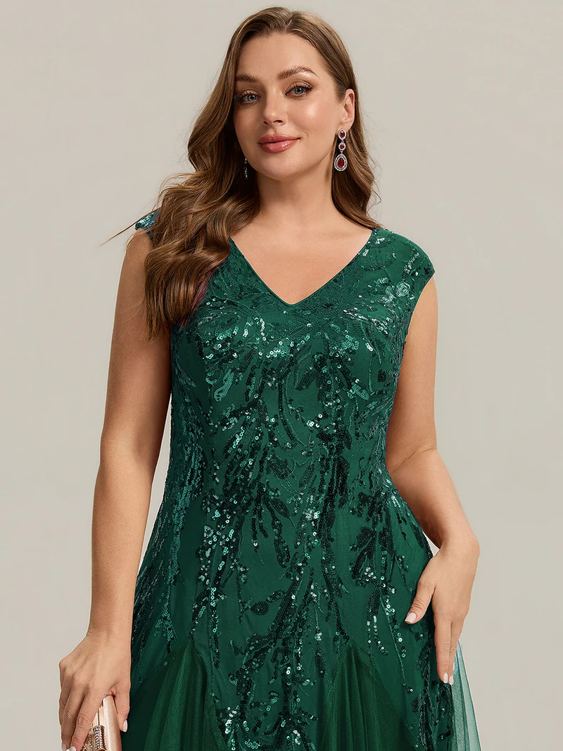pretty FREYA|Robe Longue de Soirée Grande Taille Col V avec Broderies et Détails Brillants