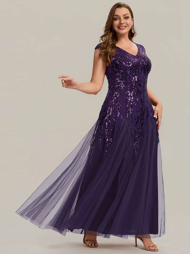 pretty FREYA|Robe Longue de Soirée Grande Taille Col V avec Broderies et Détails Brillants