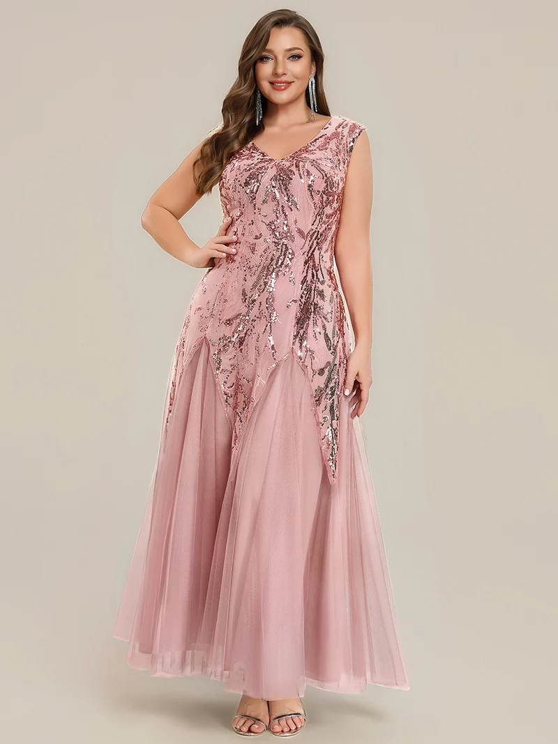 pretty FREYA|Robe Longue de Soirée Grande Taille Col V avec Broderies et Détails Brillants