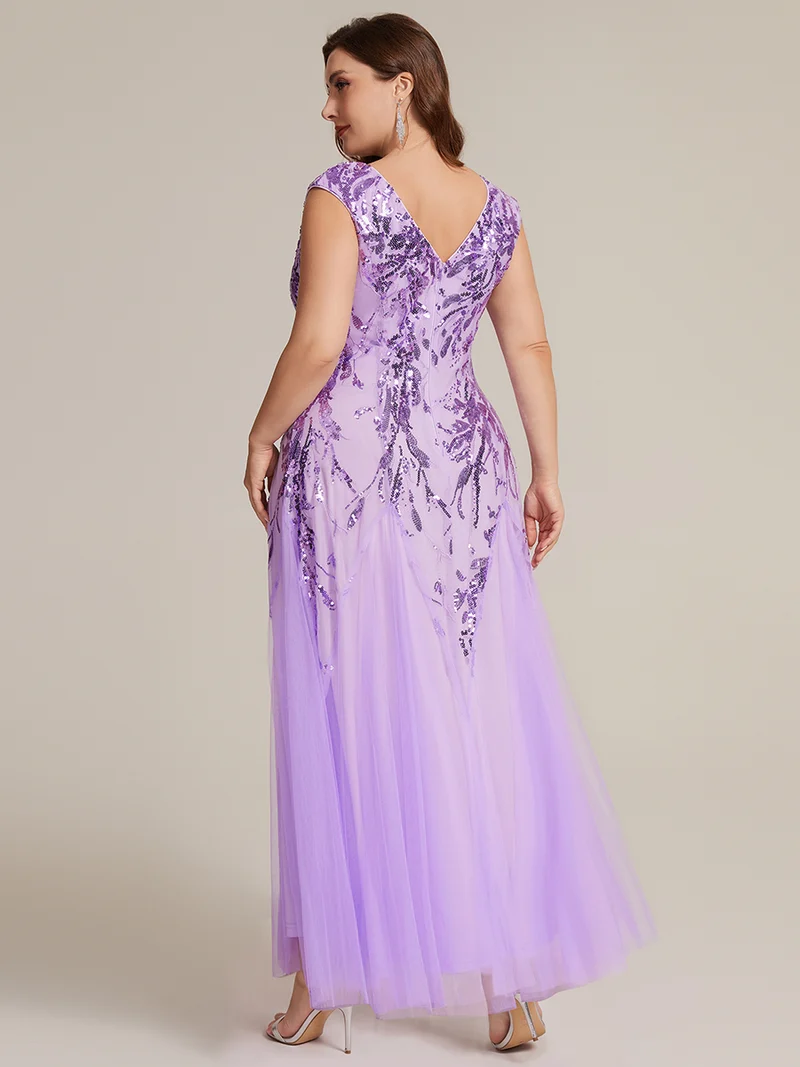 pretty FREYA|Robe Longue de Soirée Grande Taille Col V avec Broderies et Détails Brillants