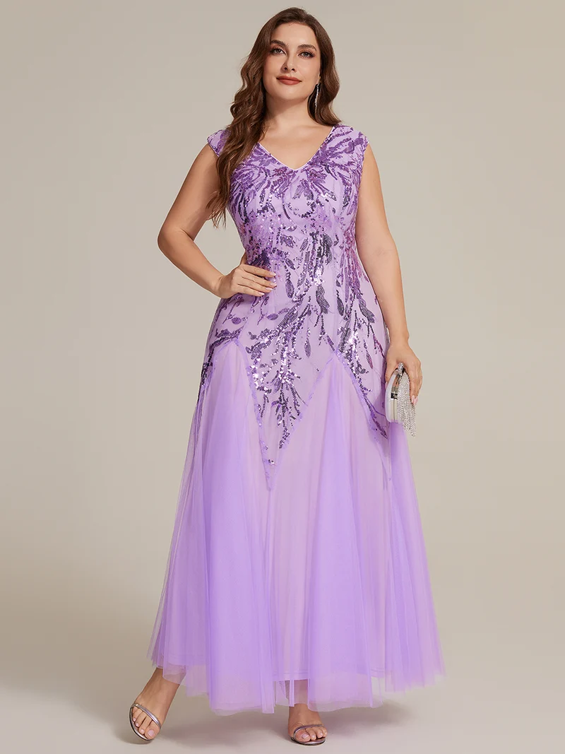 pretty FREYA|Robe Longue de Soirée Grande Taille Col V avec Broderies et Détails Brillants