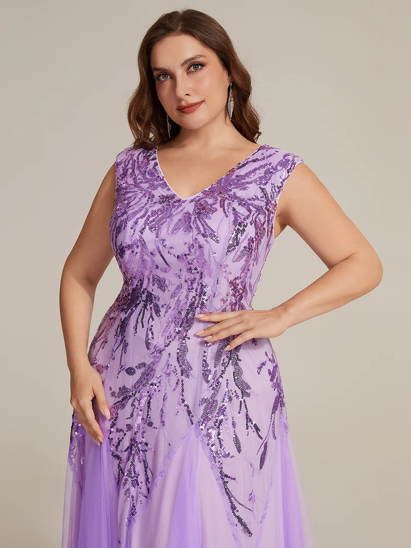 pretty FREYA|Robe Longue de Soirée Grande Taille Col V avec Broderies et Détails Brillants
