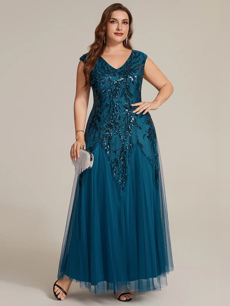 pretty FREYA|Robe Longue de Soirée Grande Taille Col V avec Broderies et Détails Brillants