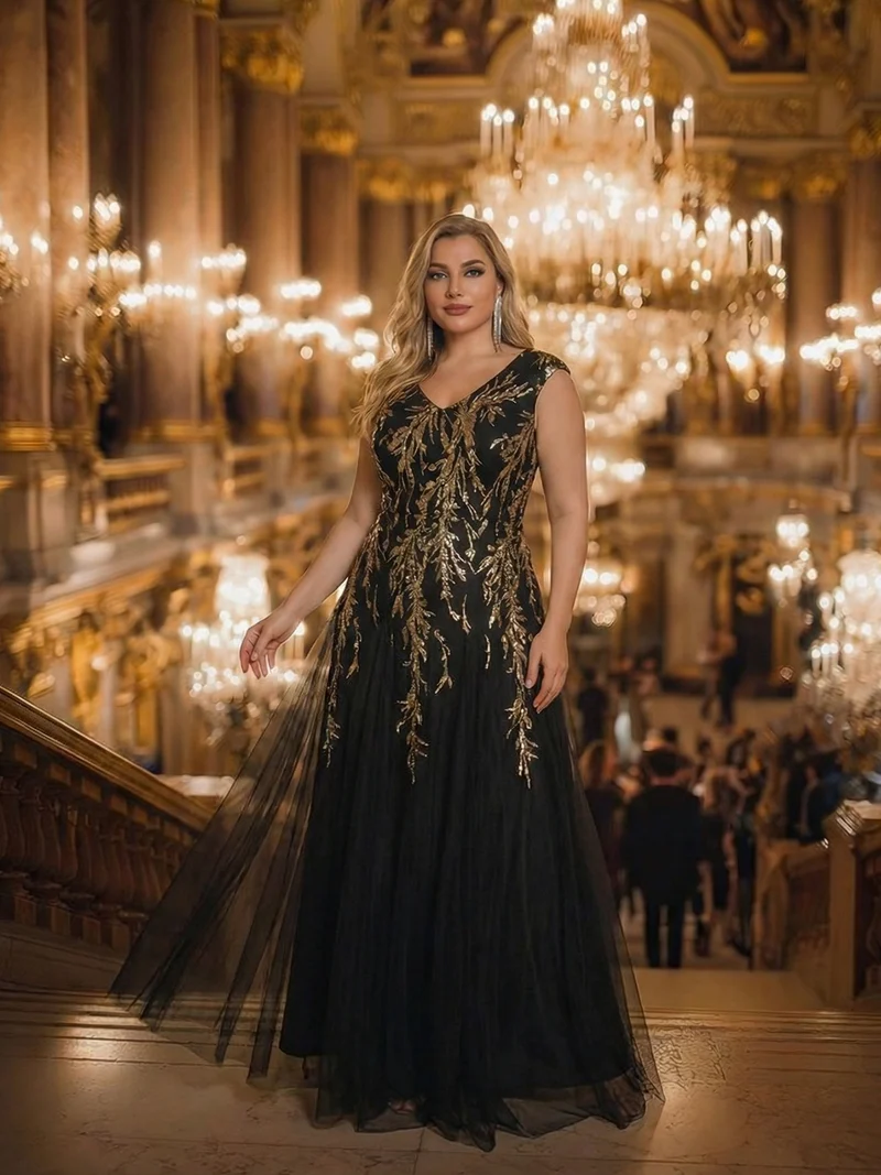 pretty FREYA|Robe Longue de Soirée Grande Taille Col V avec Broderies et Détails Brillants