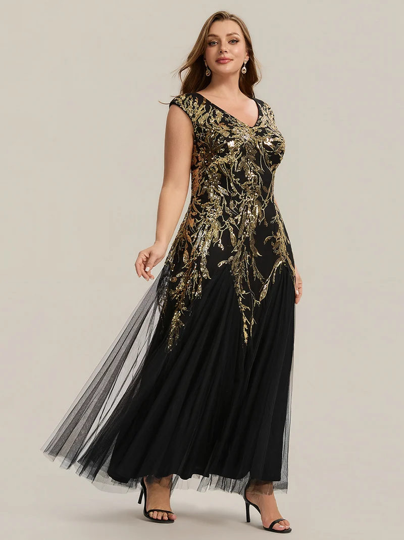 pretty FREYA|Robe Longue de Soirée Grande Taille Col V avec Broderies et Détails Brillants