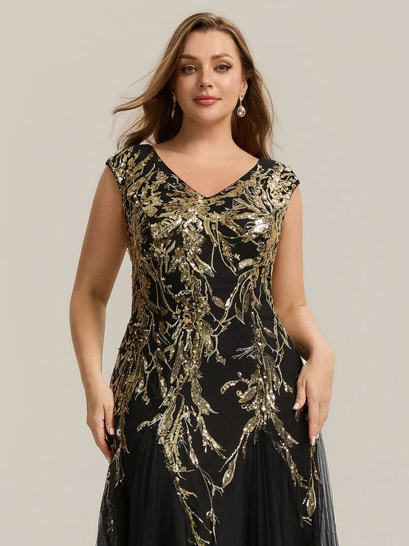 pretty FREYA|Robe Longue de Soirée Grande Taille Col V avec Broderies et Détails Brillants