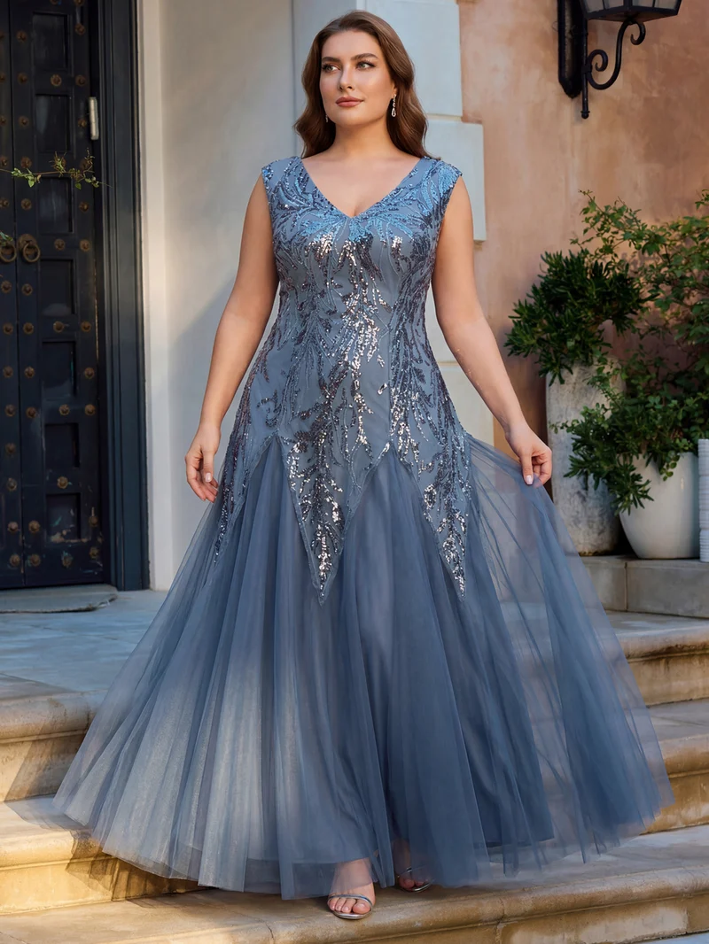 pretty FREYA|Robe Longue de Soirée Grande Taille Col V avec Broderies et Détails Brillants