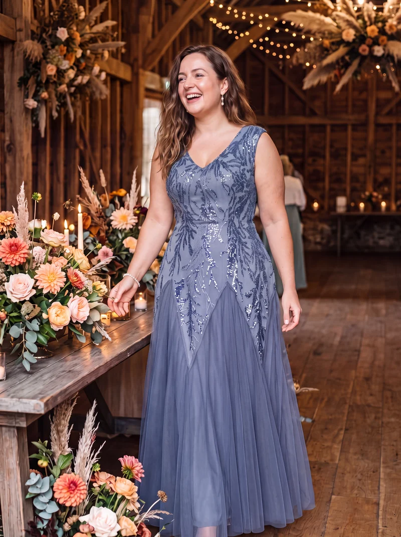 pretty FREYA|Robe Longue de Soirée Grande Taille Col V avec Broderies et Détails Brillants
