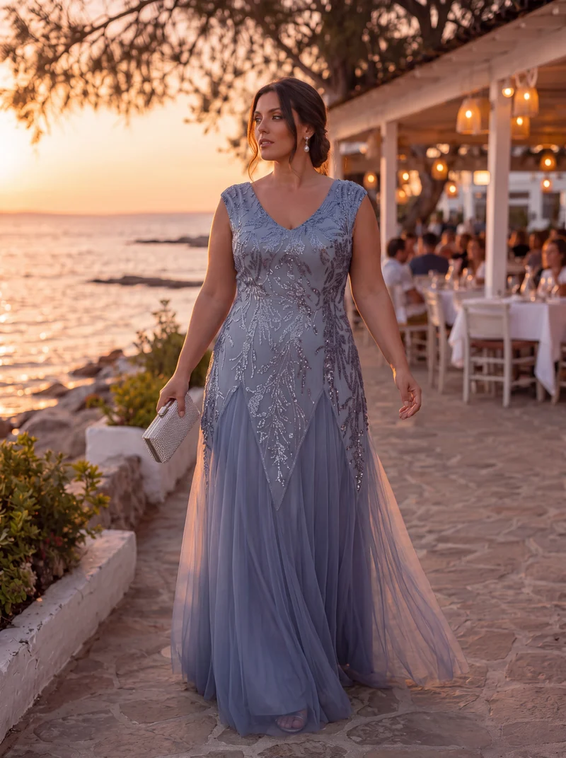 pretty FREYA|Robe Longue de Soirée Grande Taille Col V avec Broderies et Détails Brillants