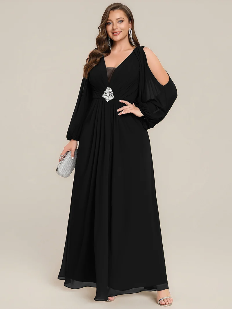 pretty MARINA|Robe Maxi Grande Taille Épaules Dénudées Col V avec Détails en Strass à la Taille