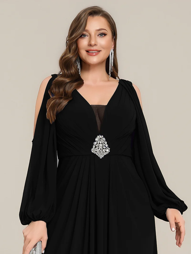 pretty MARINA|Robe Maxi Grande Taille Épaules Dénudées Col V avec Détails en Strass à la Taille