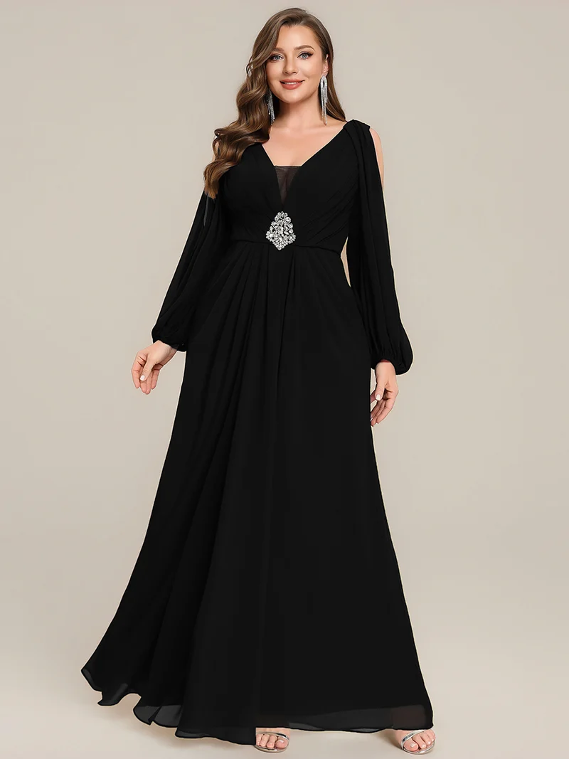 pretty MARINA|Robe Maxi Grande Taille Épaules Dénudées Col V avec Détails en Strass à la Taille
