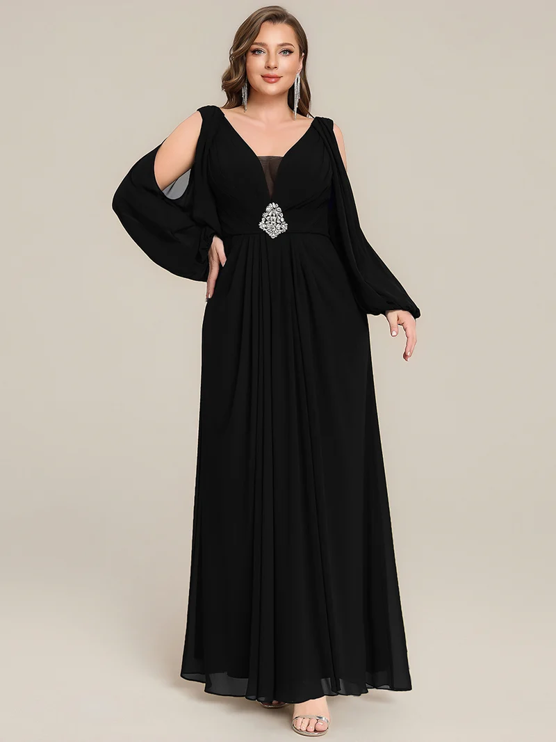 pretty MARINA|Robe Maxi Grande Taille Épaules Dénudées Col V avec Détails en Strass à la Taille