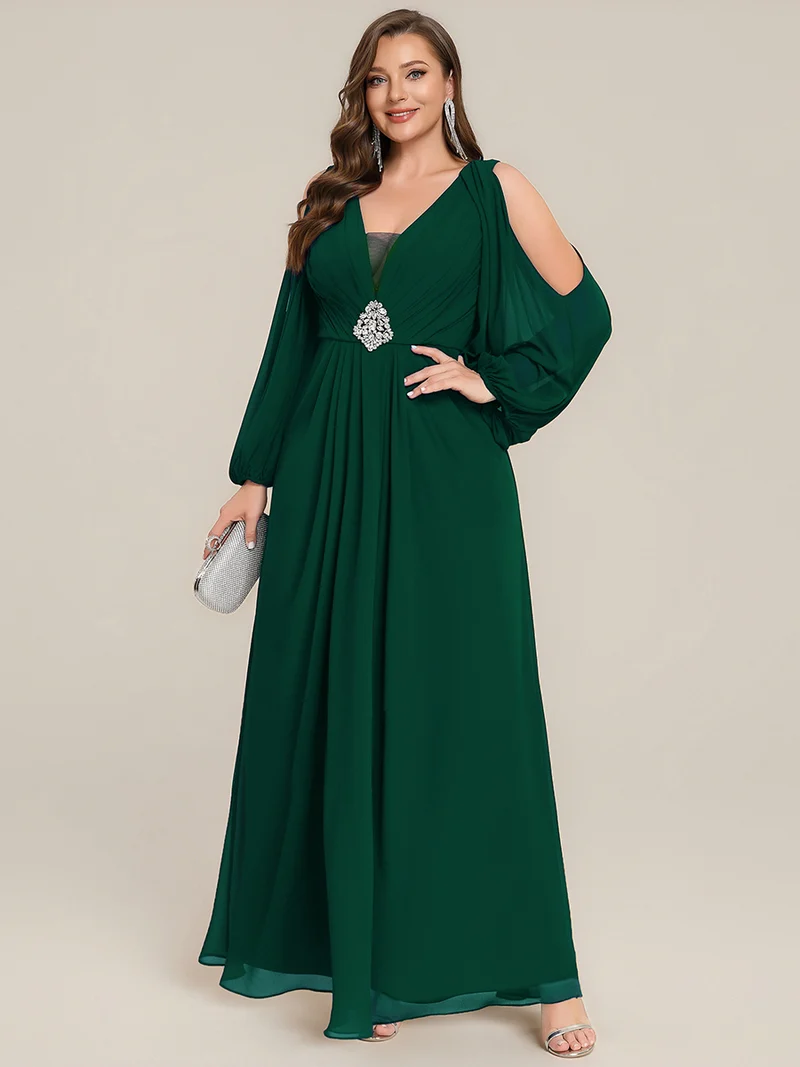 pretty MARINA|Robe Maxi Grande Taille Épaules Dénudées Col V avec Détails en Strass à la Taille