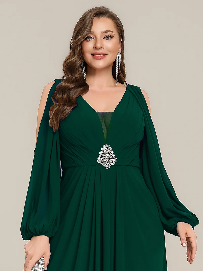 pretty MARINA|Robe Maxi Grande Taille Épaules Dénudées Col V avec Détails en Strass à la Taille