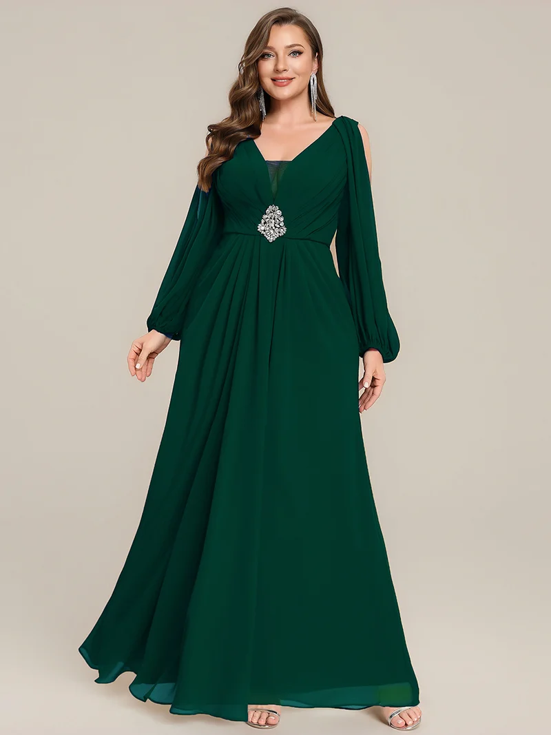 pretty MARINA|Robe Maxi Grande Taille Épaules Dénudées Col V avec Détails en Strass à la Taille