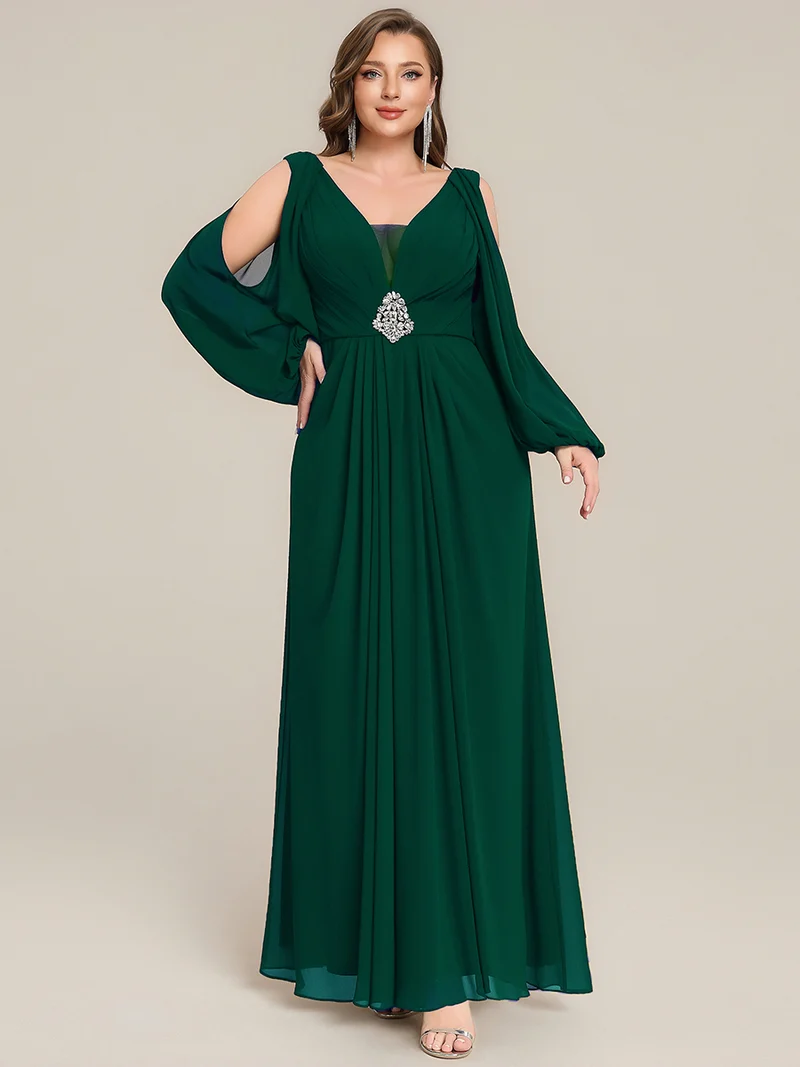 pretty MARINA|Robe Maxi Grande Taille Épaules Dénudées Col V avec Détails en Strass à la Taille