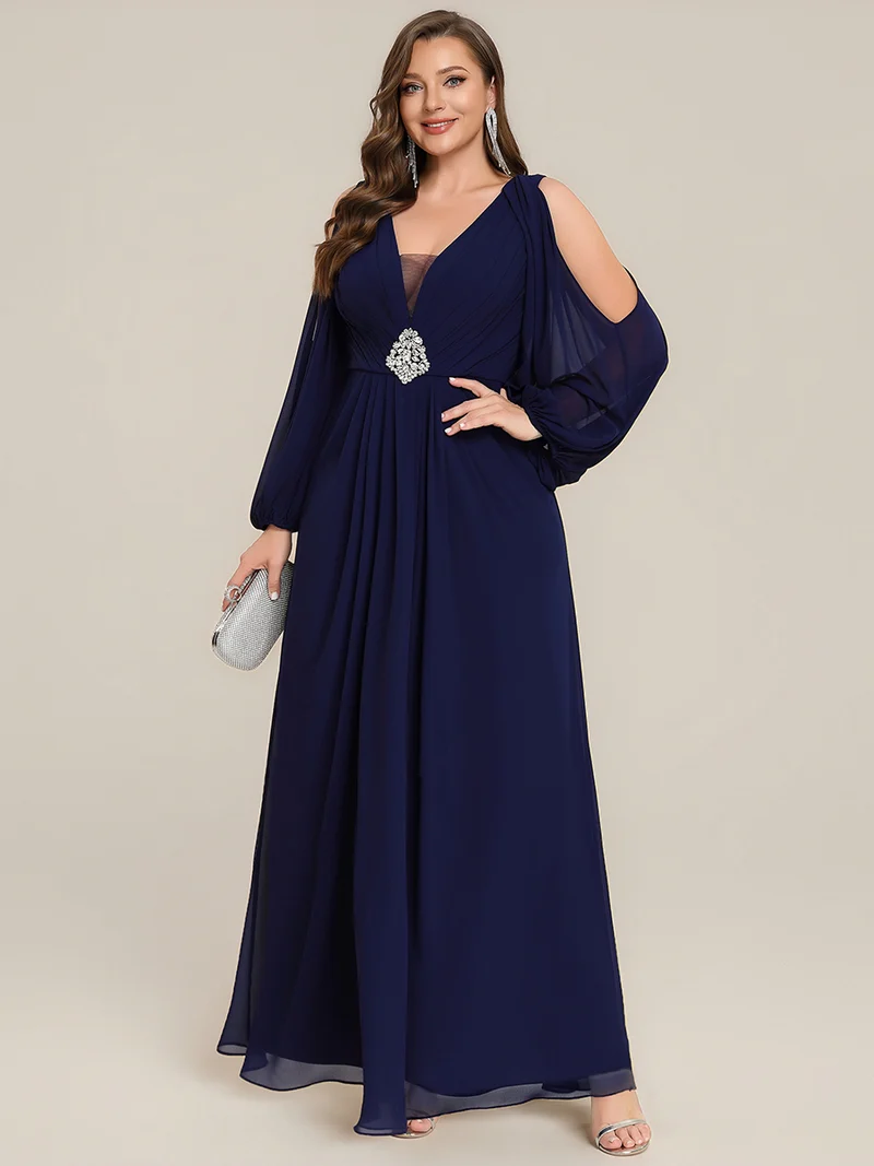 pretty MARINA|Robe Maxi Grande Taille Épaules Dénudées Col V avec Détails en Strass à la Taille