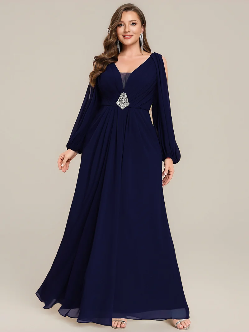 pretty MARINA|Robe Maxi Grande Taille Épaules Dénudées Col V avec Détails en Strass à la Taille