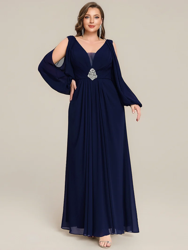 pretty MARINA|Robe Maxi Grande Taille Épaules Dénudées Col V avec Détails en Strass à la Taille