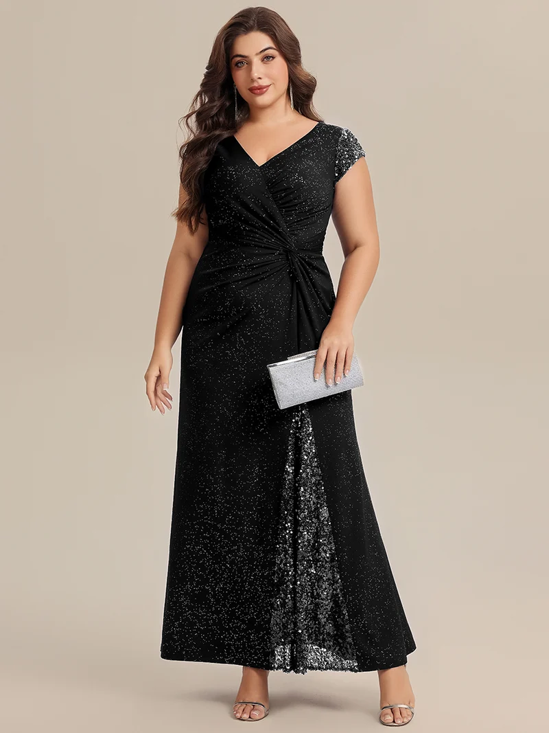 ever KAIA|Robe Moulante Stretch à Manches Courtes Col V Noué avec Sequins