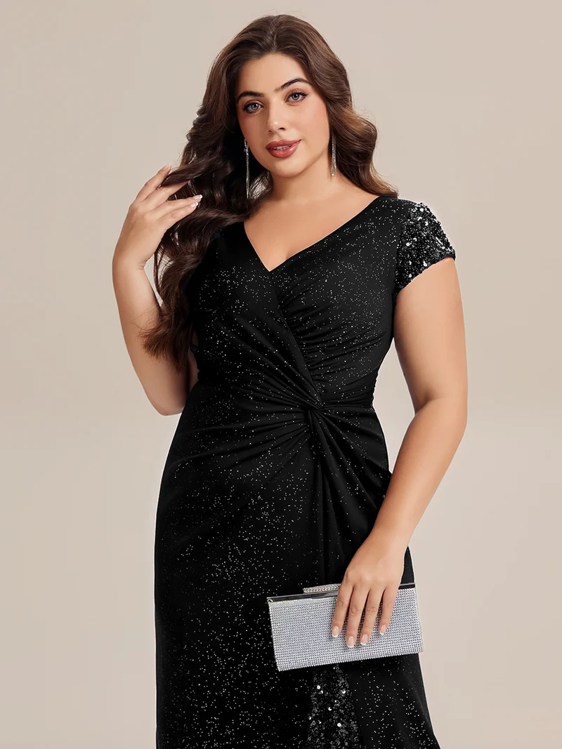 ever KAIA|Robe Moulante Stretch à Manches Courtes Col V Noué avec Sequins