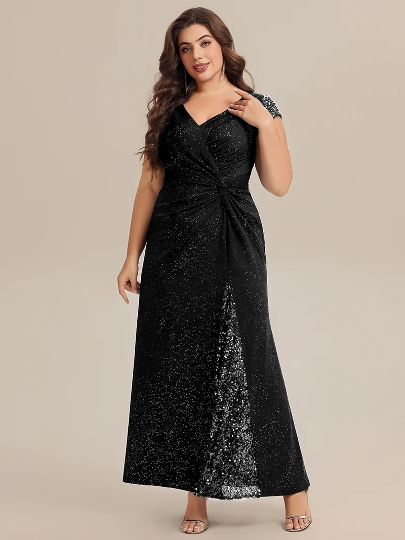ever KAIA|Robe Moulante Stretch à Manches Courtes Col V Noué avec Sequins