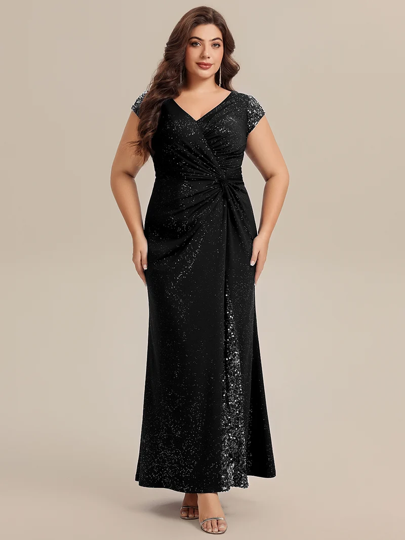 ever KAIA|Robe Moulante Stretch à Manches Courtes Col V Noué avec Sequins