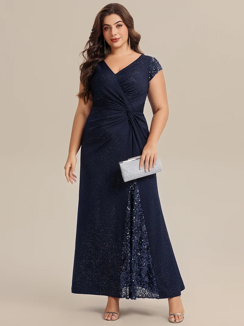 ever KAIA|Robe Moulante Stretch à Manches Courtes Col V Noué avec Sequins