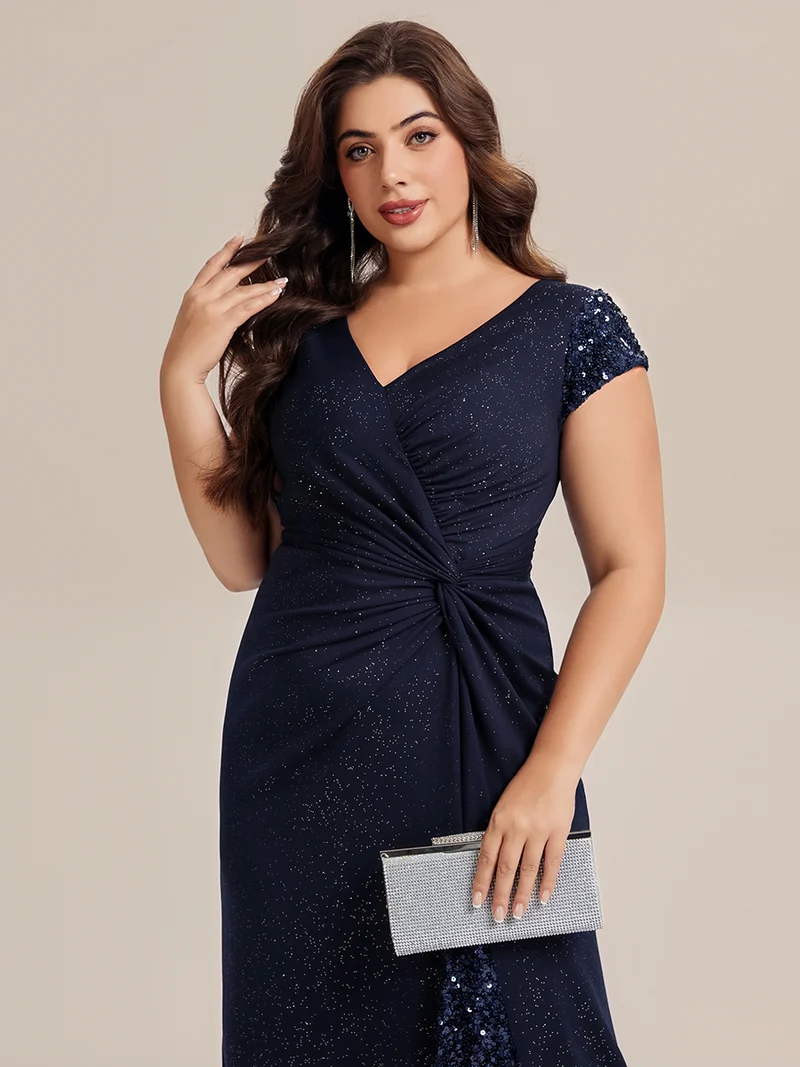 ever KAIA|Robe Moulante Stretch à Manches Courtes Col V Noué avec Sequins