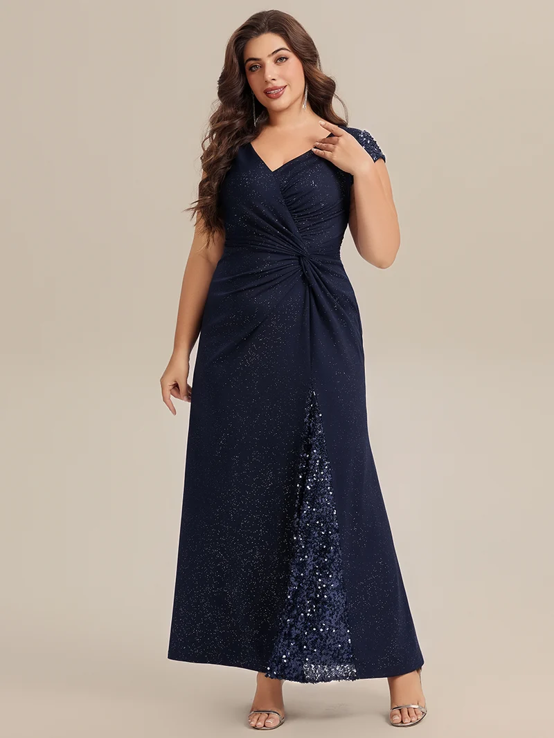 ever KAIA|Robe Moulante Stretch à Manches Courtes Col V Noué avec Sequins