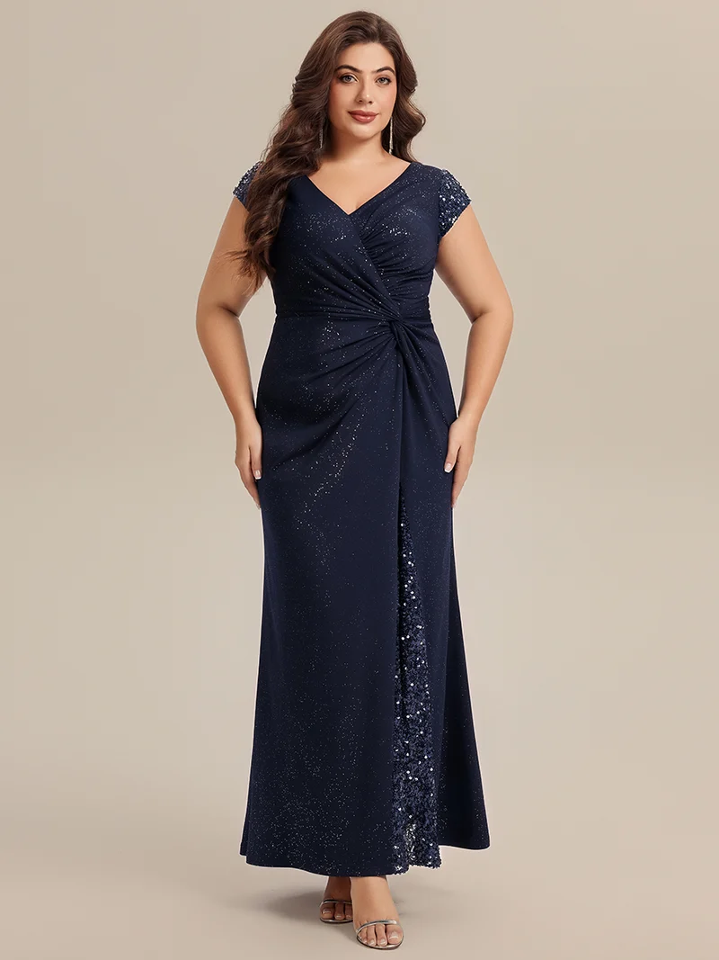 ever KAIA|Robe Moulante Stretch à Manches Courtes Col V Noué avec Sequins