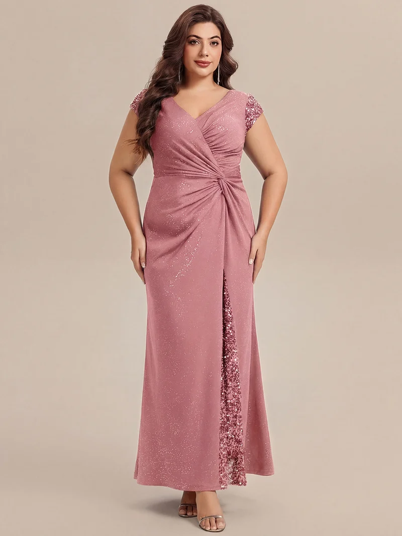 pretty KAIA|Robe moulante grande taille à manches courtes en stretch élevé avec décolleté en V noué et détails en sequins
