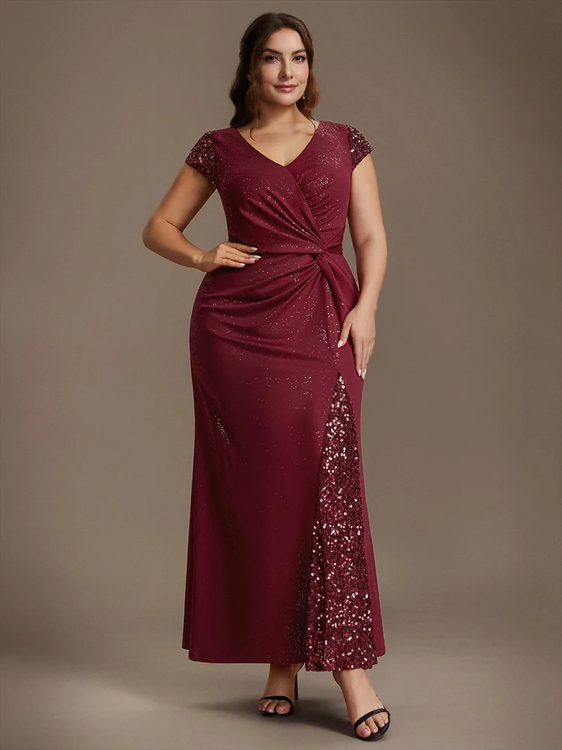 ever KAIA|Robe Moulante Stretch à Manches Courtes Col V Noué avec Sequins