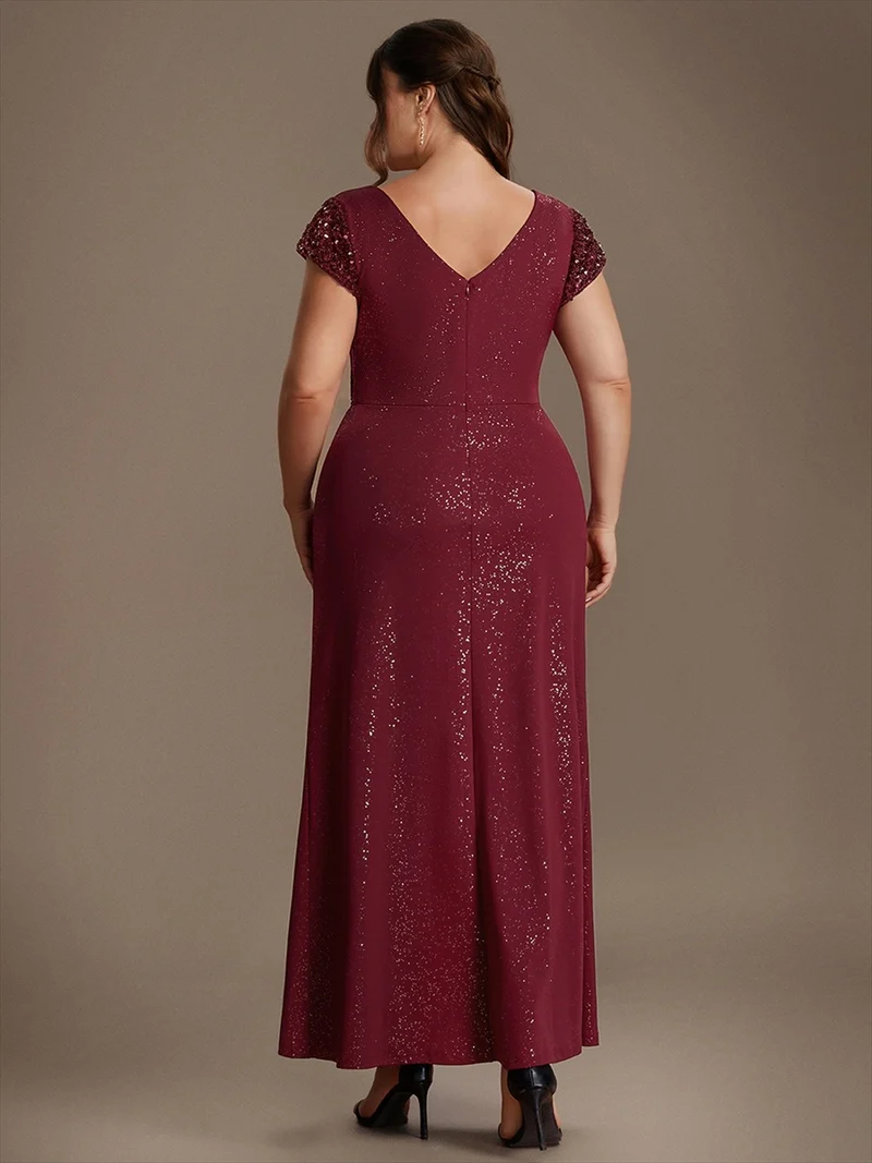 ever KAIA|Robe Moulante Stretch à Manches Courtes Col V Noué avec Sequins