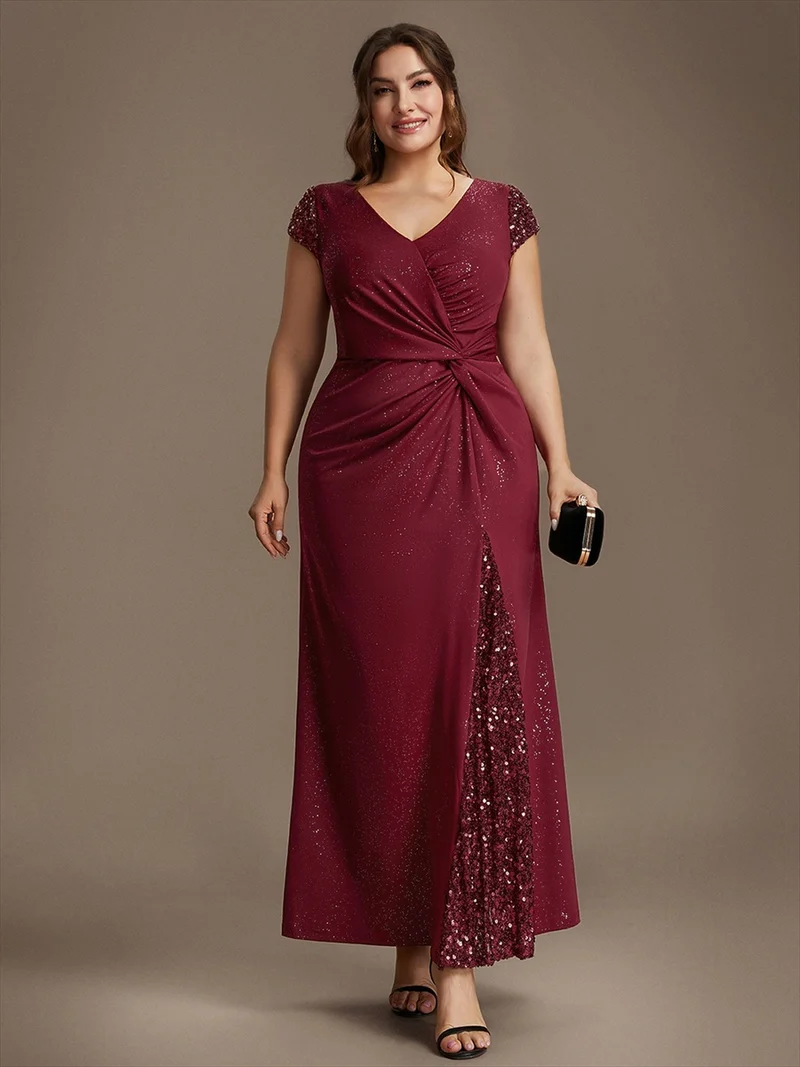 ever KAIA|Robe Moulante Stretch à Manches Courtes Col V Noué avec Sequins