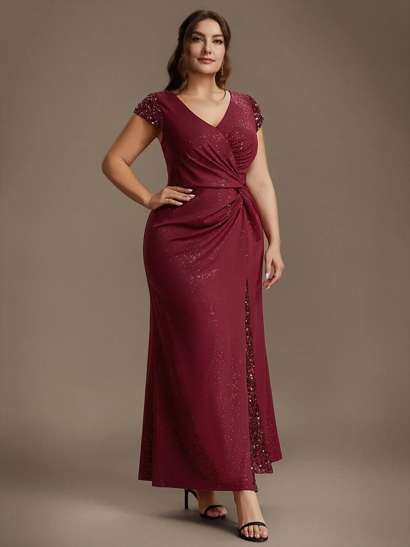 ever KAIA|Robe Moulante Stretch à Manches Courtes Col V Noué avec Sequins