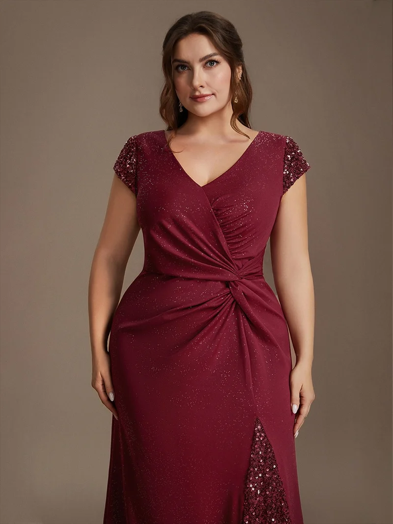 ever KAIA|Robe Moulante Stretch à Manches Courtes Col V Noué avec Sequins